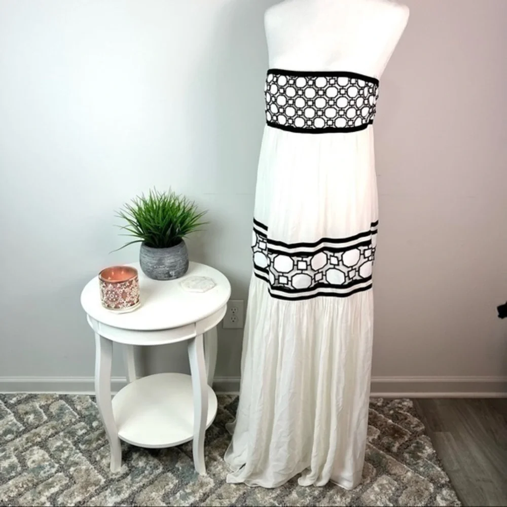 Tory Burch Christie Strapless Maxi Dress Size 4 White Black Silk Runway NWT
